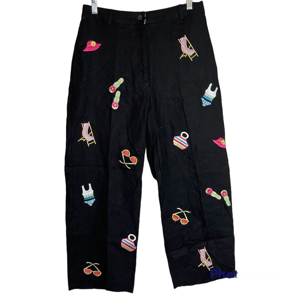 Pure & Simple Black Linen Summer Embroidered Crop Straight Leg Pants Size 6